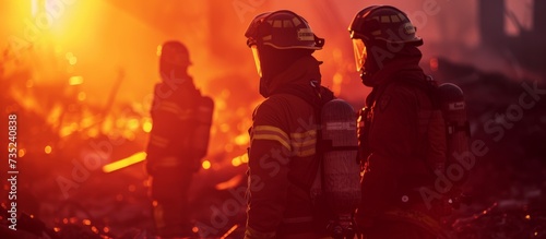 Two courageous firefighters standing in front of a raging and destructive fire