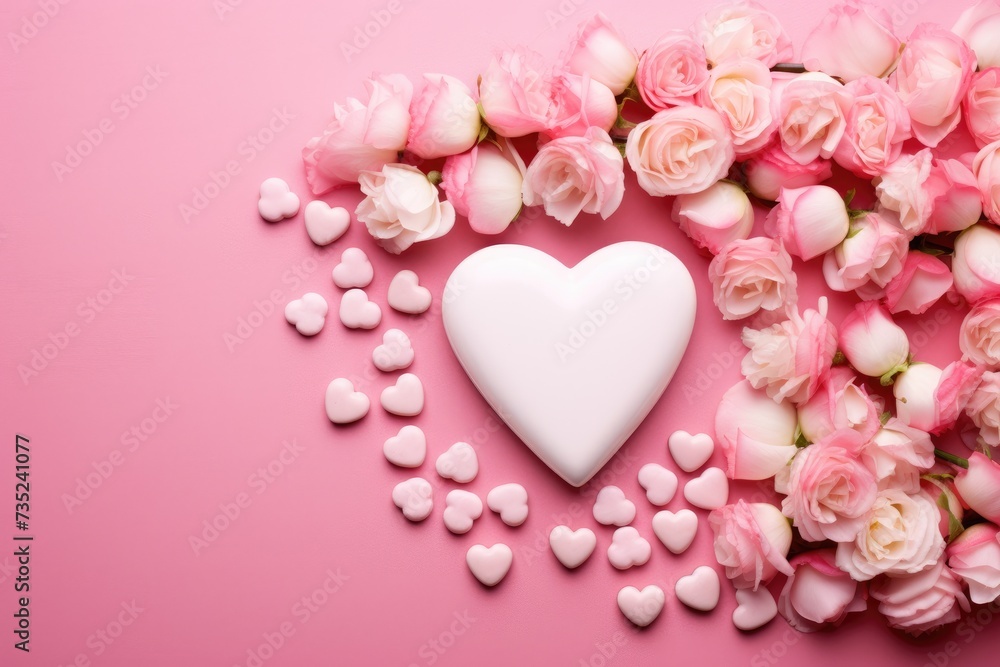A white heart-shaped object is surrounded by pink roses on a pink background, creating a visually pleasing composition.