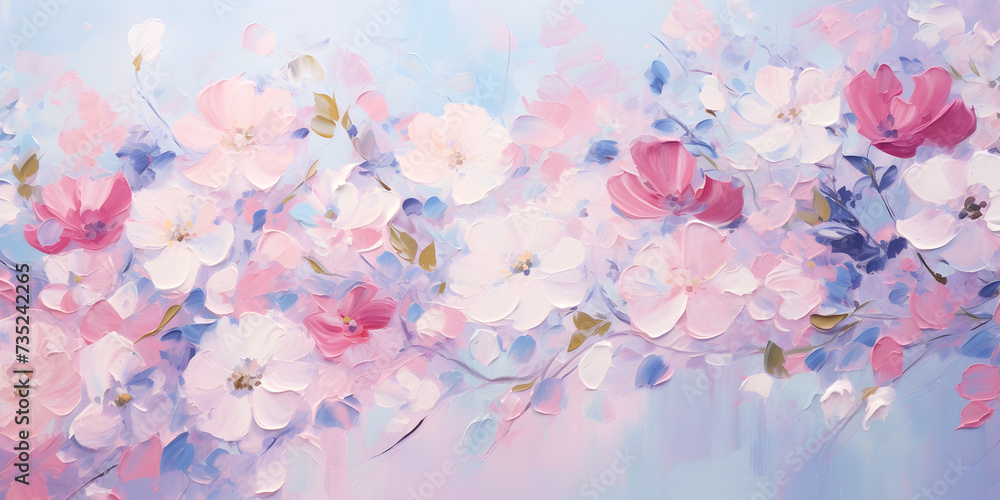 Oil painting of blooming flowers in pastel colors. Impressive drawing of spring blossom painted by talented artist. Colorful floral illustration