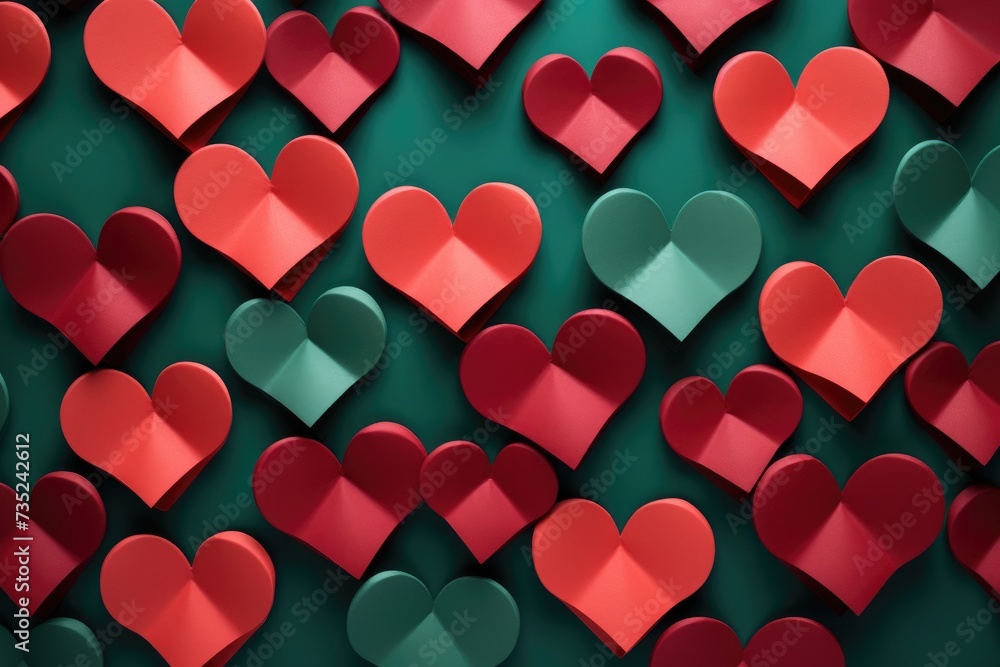 A group of red and green hearts arranged on a vibrant green background.