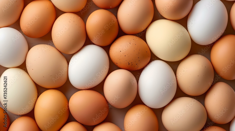 A diverse collection of chicken eggs. various shades from white to brown. top view, ideal for food industry use. AI A diverse collection of chicken eggs. various shades from white to brown. top view, ideal for food industry use. AI