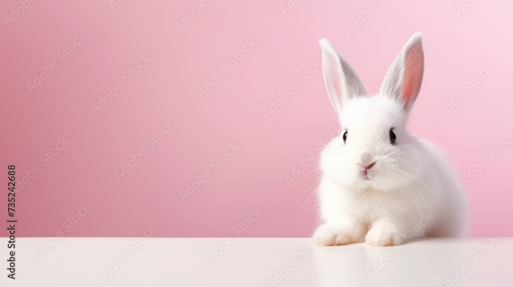 Obraz premium cute animal pet rabbit or bunny white color smiling and laughing isolated with copy space for easter background, rabbit, animal, pet, cute, fur, ear, mammal, background, celebration, generate by AI