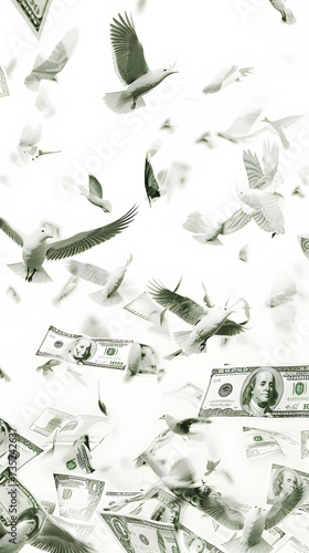 Flying 100 American dollars banknotes, isolated in white background 