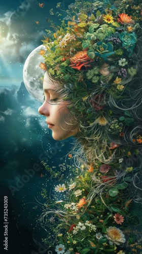 Surreal Portrait of Woman with Floral Hair and Moon Background