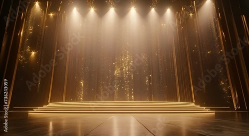 Stage opening golden stage glitter animation, spotlights and luxury gold light streak. Particle luxury for ceremony background