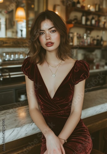 Chic Woman in Sophisticated Maroon Velvet Dress at Vintage Bar