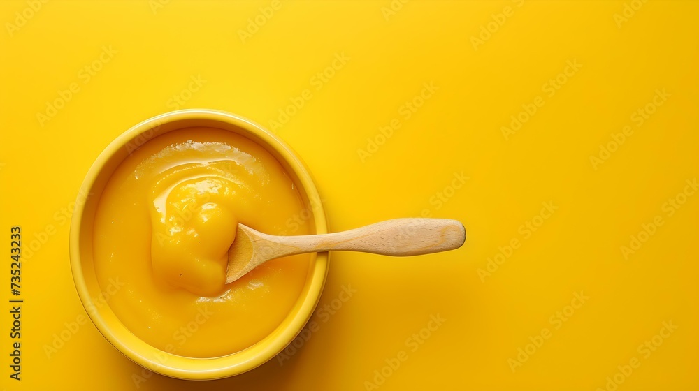 Bright yellow theme with a bowl of honey and spoon. simple and clean top view. ideal for food and nutrition themes. AI Bright yellow theme with a bowl of honey and spoon. simple and clean top view. ideal for food and nutrition themes. AI