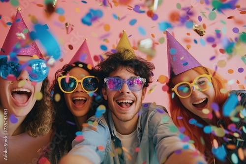 people wearing party hats and festive casual clothes and glitter party glasses on a pastel background with confetti