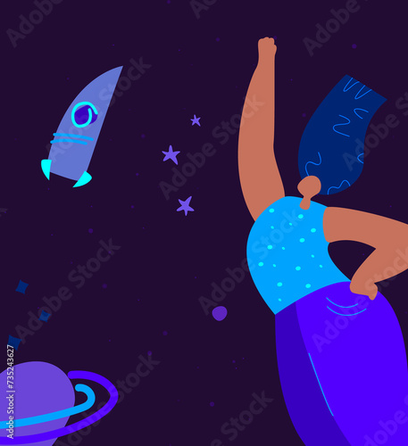 Feminism concept.Confident Bright Woman Lady Flying with Rocket to Space,Stars and Achievements. Super Women.Female International Woman Day Everyday.Feminine Power,Empowerment.Flat Vector Illustration photo