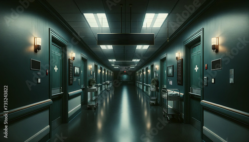 Dark Hospital Corridor with Sleek Dark Walls Illuminated by Blue Overhead Lights  Conveying a Sense of Mystery