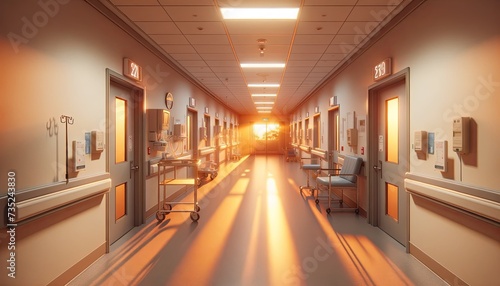 Serene Hospital Corridor Bathed in Warm Sunset Light, Evoking Calm and Healing