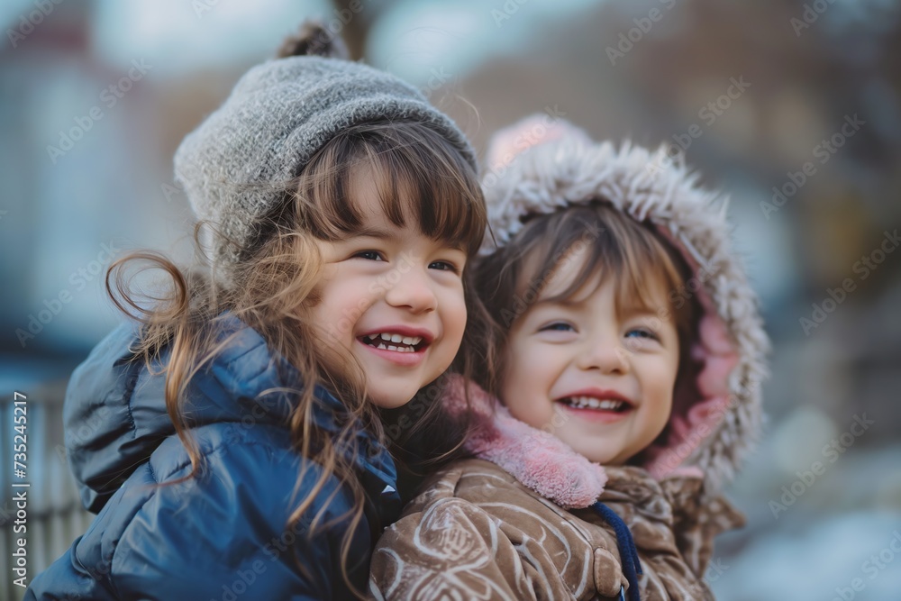 Obraz premium Two little brothers giving each other a effusive hug.