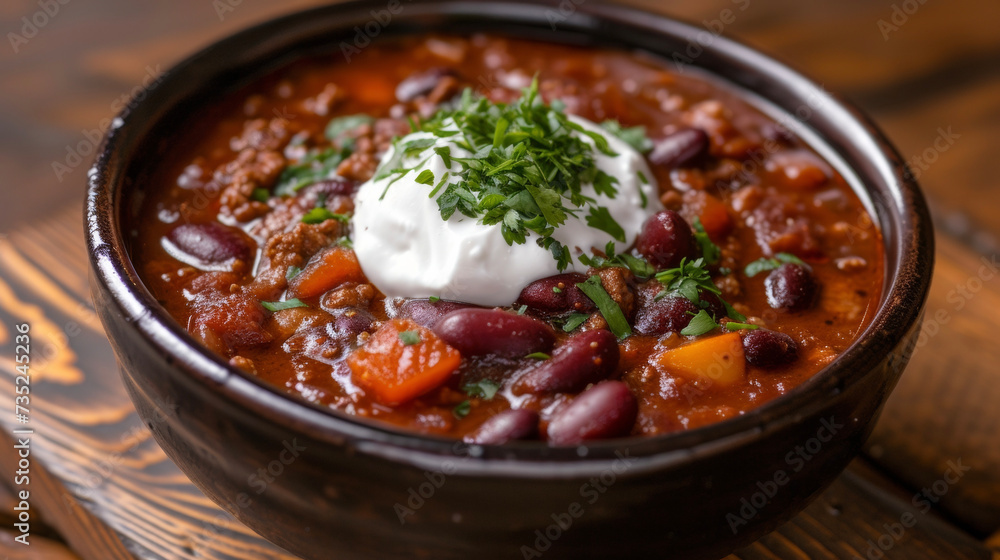 A tantalizing bowl of chili bursting with shades of crimson and hints of orange topped with a generous dollop of sour cream to offset the blazing heat. This is chili at its