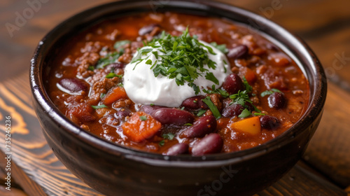 A tantalizing bowl of chili bursting with shades of crimson and hints of orange topped with a generous dollop of sour cream to offset the blazing heat. This is chili at its