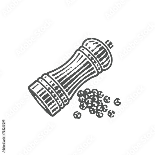 Pepper Shaker and Pile of peppercorns. Hand drawn engraving style illustrations. Vector illustration.