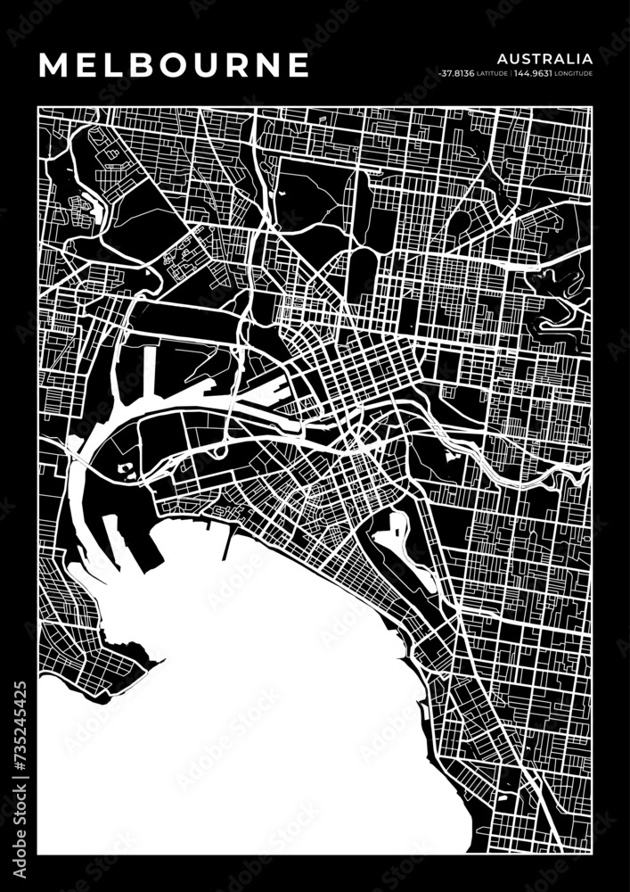 Fototapeta premium Melbourne City Map, Cartography Map, Street Layout Map