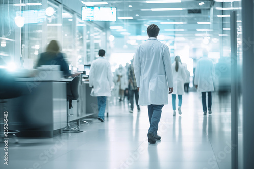 Blurred out of focus group of doctors wearing white coats walk through a modern, brightly-lit laboratory, engaged in various tasks indicative of  research environment. Abstract hospital background