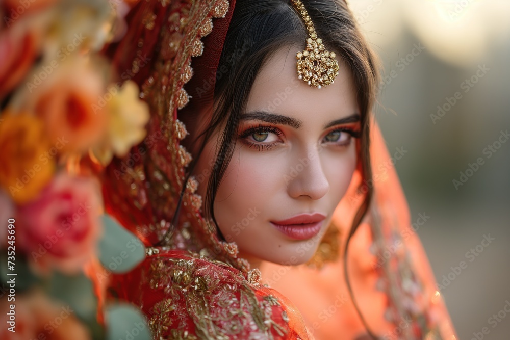A woman dressed in a red and gold bridal outfit poses for a photo. A woman dressed in a red and gold bridal outfit poses for a photo.