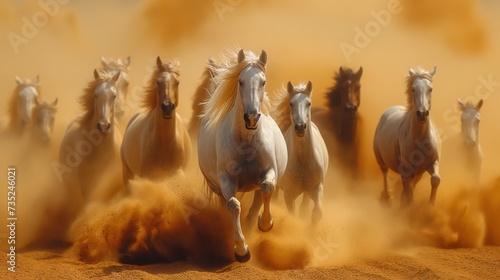Several Arabian horses ride fast on the desert sand.