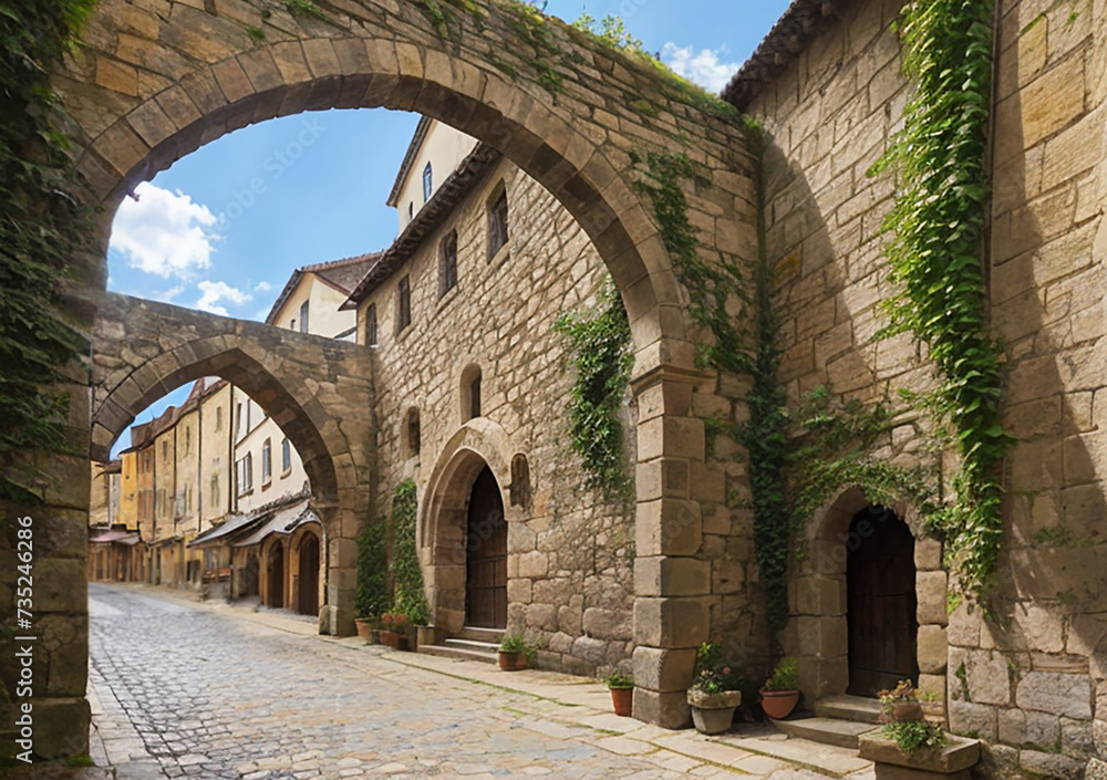 Ancient medieval city with stone buildings, archways, and ivy on the walls