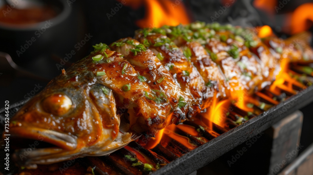 The mesmerizing dance of flames as a whole fish is expertly grilled and basted with a tangy glaze. This Vietnamesestyle dish is a feast for both the eyes and taste buds. The mesmerizing dance of flames as a whole fish is expertly grilled and basted with a tangy glaze. This Vietnamesestyle dish is a feast for both the eyes and taste buds.