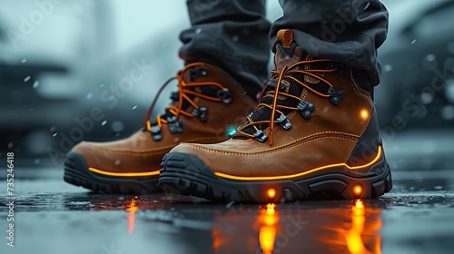 Close-up of durable, waterproof hiking boots confidently treading on wet urban ground, reflecting city lights on a rainy day. photo