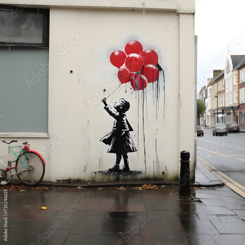 Girl with balloons on a wall 