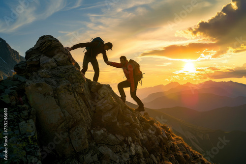 A group of hikers team with backpacks helping each other hike up a mountain. Adventurous lifestyle. Teamwork concept.