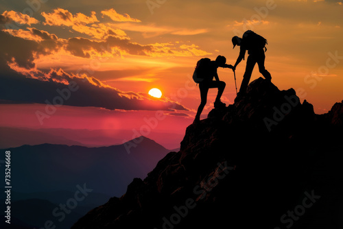 A group of hikers team with backpacks helping each other hike up a mountain. Adventurous lifestyle. Teamwork concept.