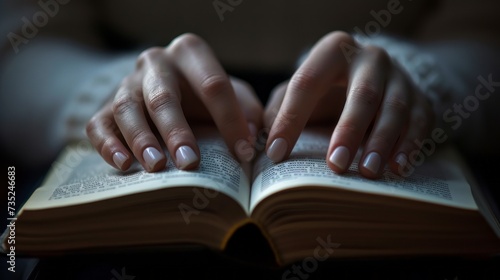 pair of hands resting on an open book