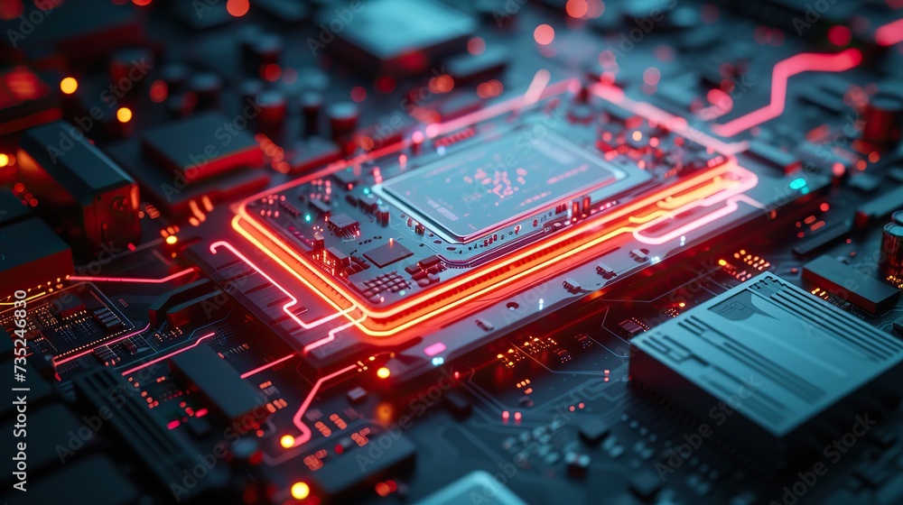 Highly detailed image of a glowing red circuit board featuring a modern CPU, highlighting technology and computing power. Highly detailed image of a glowing red circuit board featuring a modern CPU, highlighting technology and computing power.