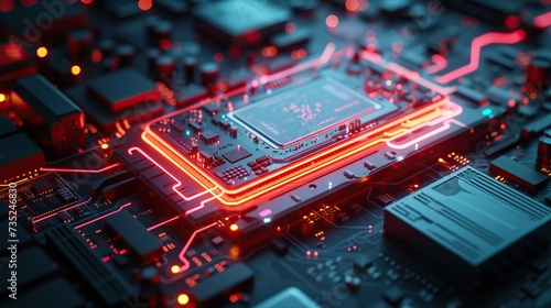 Highly detailed image of a glowing red circuit board featuring a modern CPU, highlighting technology and computing power.