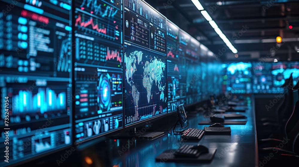 A sophisticated cybersecurity operations center with detailed world map on large screens displaying real-time data. A sophisticated cybersecurity operations center with detailed world map on large screens displaying real-time data.