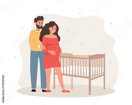 Family expecting for baby. Couple in love stand near baby crib. Future father and mother. Happy husband hugs pregnant wife. Parenthood concept. Vector illustration in cartoon style.