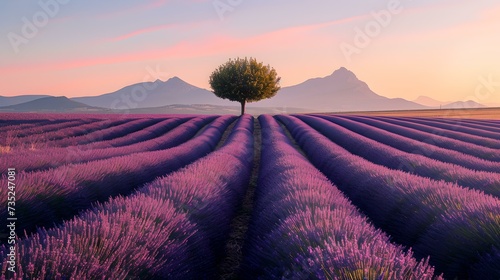 Serene lavender field at sunrise with solitary tree and mountain backdrop. perfect for relaxation and backgrounds. AI