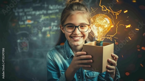 young woman holding a box with brilliant ideas spreading knowledge