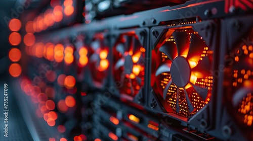 Focused image of active red cooling fans on servers, highlighting the importance of temperature control in data centers.