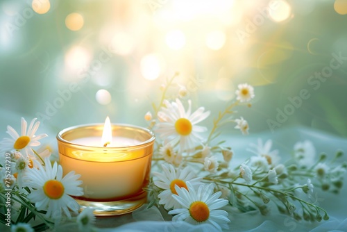 a candle and flowers on a table