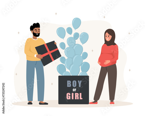 Gender reveal party. Its a boy. Couple opening surprise gift box with inscription Boy or girl. Arabian family expecting unborn child. Blue balloons. Baby shower. Vector illustration in cartoon style.