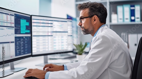 A focused healthcare data analyst in a lab coat examines complex medical statistics on multiple computer screens in a modern office. photo