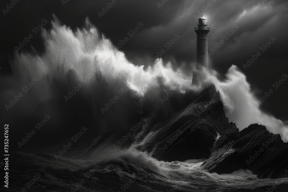 The Lighthouse Amidst the Stormy Seas, A Beacon of Light in Dark Waters, Towering Over Turbulent Tides, Defying the Elements: The Lighthouse's Enduring Presence.
