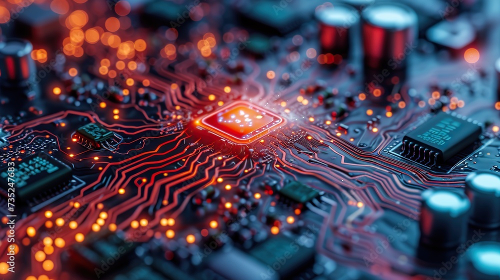 Fototapeta premium Macro shot of an advanced circuit board with red glowing paths, showcasing modern electronics and computing power.