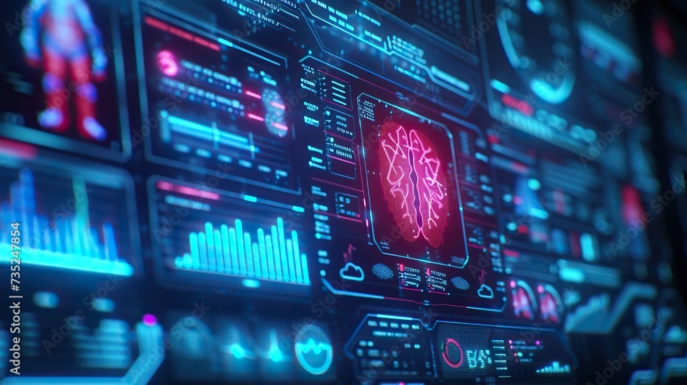 Advanced graphical user interface displaying brain activity and vital statistics, reflecting cutting-edge medical technology and diagnostics. Advanced graphical user interface displaying brain activity and vital statistics, reflecting cutting-edge medical technology and diagnostics.