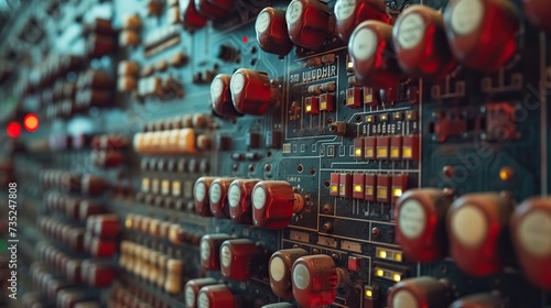 A detailed view of a vintage control panel, featuring an array of dials and switches, evoking a sense of retro technology.