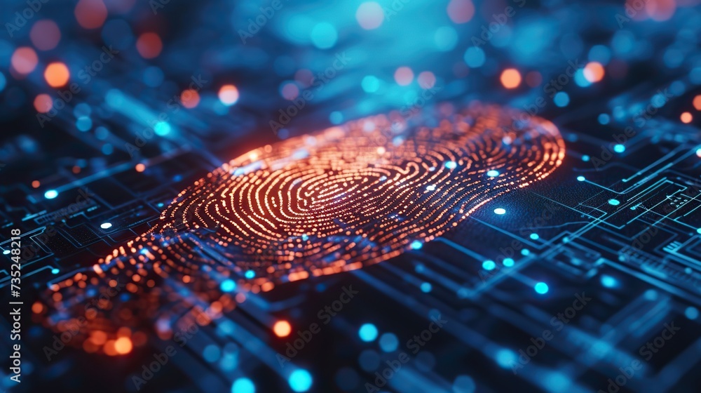 Close-up view of a fingerprint pattern overlay on a digital circuit board, symbolizing biometric security and identification technology. Close-up view of a fingerprint pattern overlay on a digital circuit board, symbolizing biometric security and identification technology.