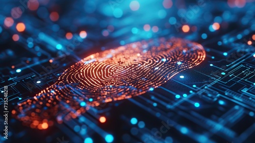Close-up view of a fingerprint pattern overlay on a digital circuit board, symbolizing biometric security and identification technology.