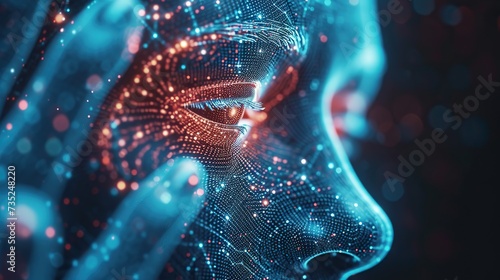 Digital artwork of a human face with a mesh of network lines and dots, depicting concepts of artificial intelligence and virtual reality. photo