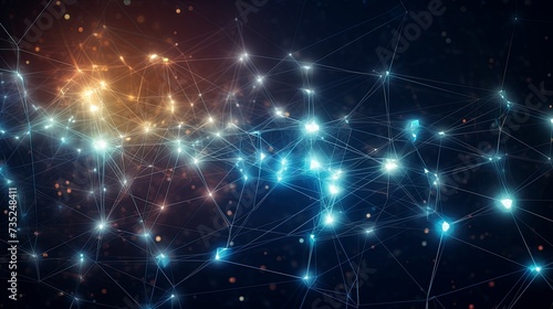Digital illustration of neural network with glowing nodes and connections, representing brain activity, AI, and science.