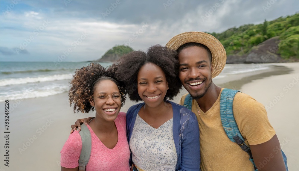 A group of friends candidly enjoying on a beach vacation, smiling broadly with joy and gratitude, embodying happiness by the serene ocean A group of friends candidly enjoying on a beach vacation, smiling broadly with joy and gratitude, embodying happiness by the serene ocean