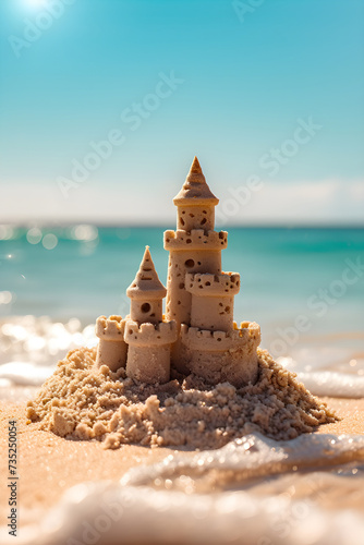 Sand castle on the ocean beach close up photo. Summer kids holidays on the sea side, sea coast. Concept of summer vacation for postcard, banner, poster, advertisement with copy space.